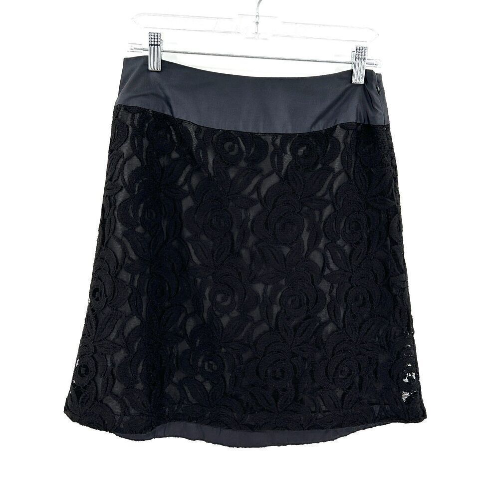 ANTHROPOLOGIE Moulinette Soeurs Black Floral Lace Side Zip Mini Skirt Size 4
